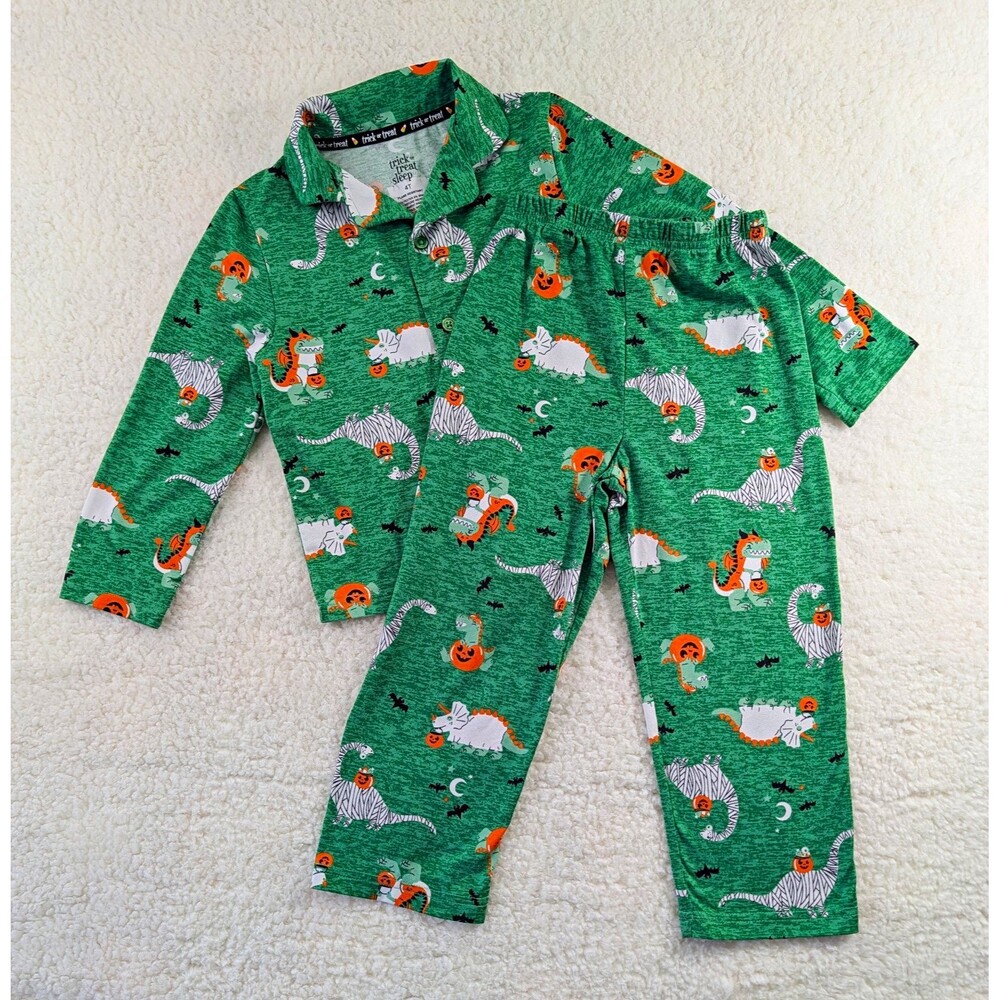 2 pc Trick or Treat Sleep Green Halloween 4T Dinosaur Pajama Set Flame Resistant